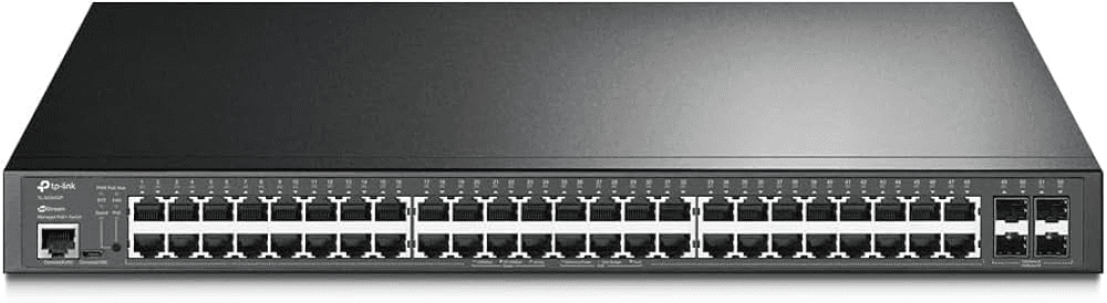 Коммутатор TP-Link TL-SG3452P, 52-портовый, 48×1G RJ45 с поддержкой PoE+ (802.3at/af), 4×1G SFP, суммарный бюджет PoE 384 Вт, управление L2+, статическая маршрутизация, QoS, ACL, интеграция с Omada SDN, монтаж в стойку 1U