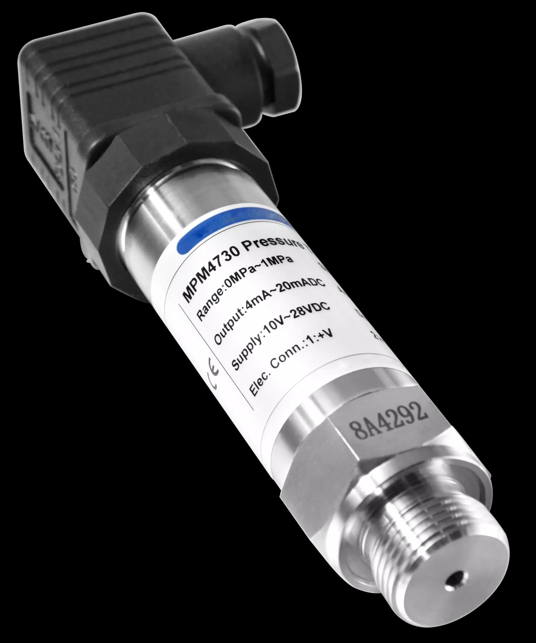 Преобразователь давления Micro Sensor MPM4730, 0–100 бар, выход 4–20 мА, протокол HART, разъем четырёхконтактный, интерфейс давления M20×1.5, тип герметического манометрического давления, точность 0,25%.