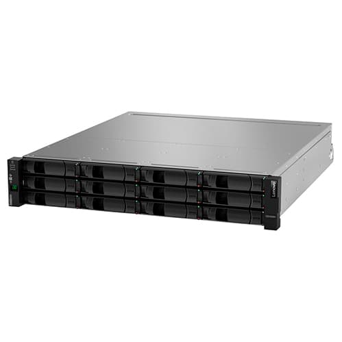 Система хранения данных Lenovo ThinkSystem DE120S 7Y63CTO1WW, 2U, 12 слотов LFF, контроллер DE2000H, 12x HDD 12 ТБ 7.2K 3.5", IOM DE Series Expansion, 0.5 м MiniSAS HD кабель, монтажный комплект для стойки, кабель питания 1.5 м C13-C14, комплект упаковки