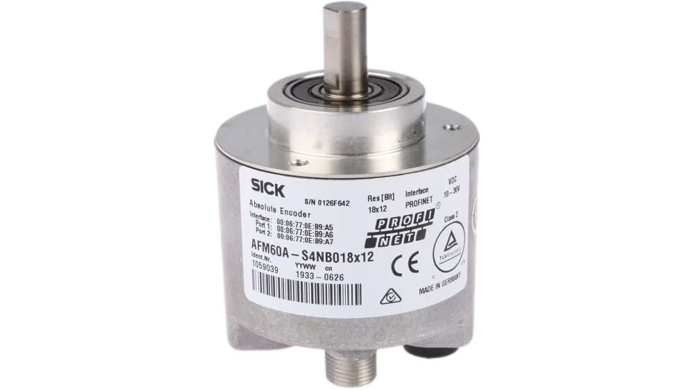 Энкодер абсолютный многоборотный SICK AFM60A-S4NB018X12, интерфейс PROFINET, 18-битное разрешение (262144 шагов на оборот), 12-битное число оборотов (4096), вал 10 мм, питание 10–30 В DC, степень защиты IP65/IP67.
