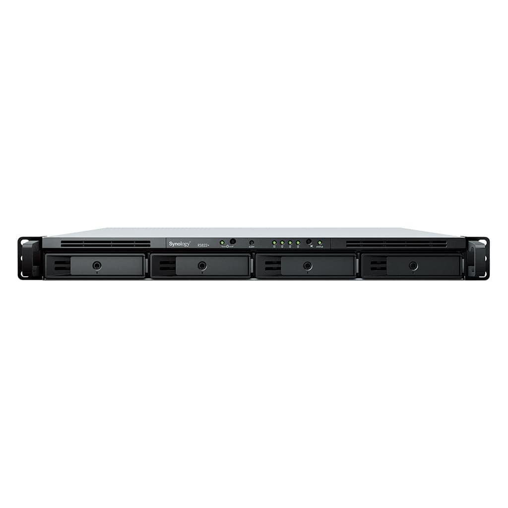 Сетевое хранилище Synology RS822+, 4 отсека 2.5"/3.5", AMD Ryzen V1500B 2.2 ГГц, 2 ГБ DDR4 ECC, 4×1 Гбит/с LAN, 2×USB 3.2, eSATA, 1U, без дисков