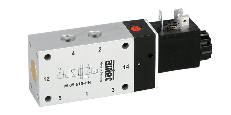 Электромагнитный клапан Airtec ME-07-511-HN-142, 5/2-ходовой, с механической пружиной возврата, номинальный размер 9 мм, соединение G1/4, напряжение питания 24 В DC, степень защиты IP65