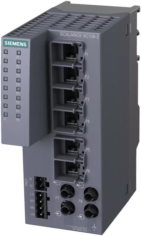 Промышленный коммутатор Siemens SCALANCE XC106-2 6GK5106-2BB00-2AC2, 6 портов RJ45 10/100 Мбит/с, 2 порта BFOC 100 Мбит/с для многомодового оптоволокна, питание 24 В DC