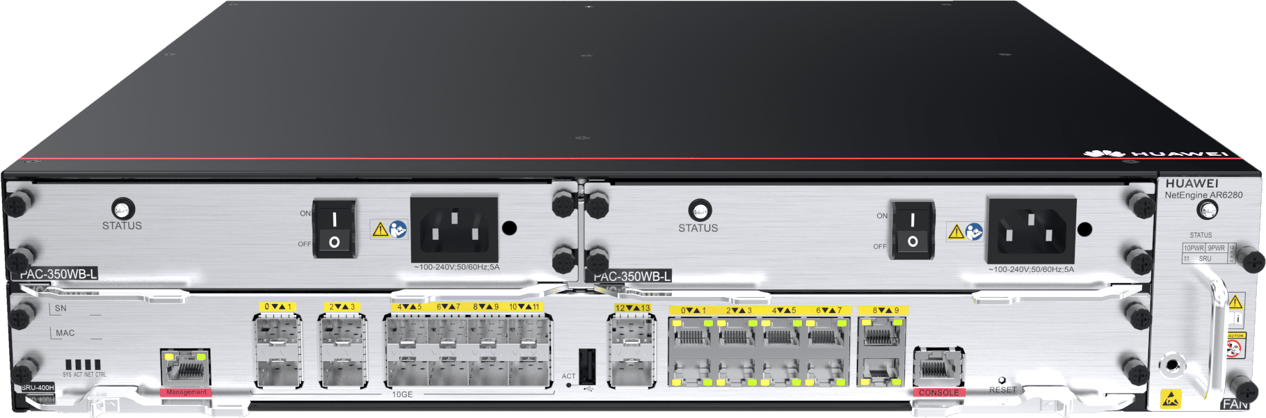 Маршрутизатор SDWAN Huawei AR6280 (включает SRU-600H и PAC-350WB-L) с 14x 10GE SFP+, 10x GE Copper, 1x USB2.0, 350W AC блоком питания, лицензиями N1-CloudCampus SD-WAN на 3 года и пакетом безопасности AR6200 (IPS, URL Filtering, SAC, A2A VPN, Efficient VP
