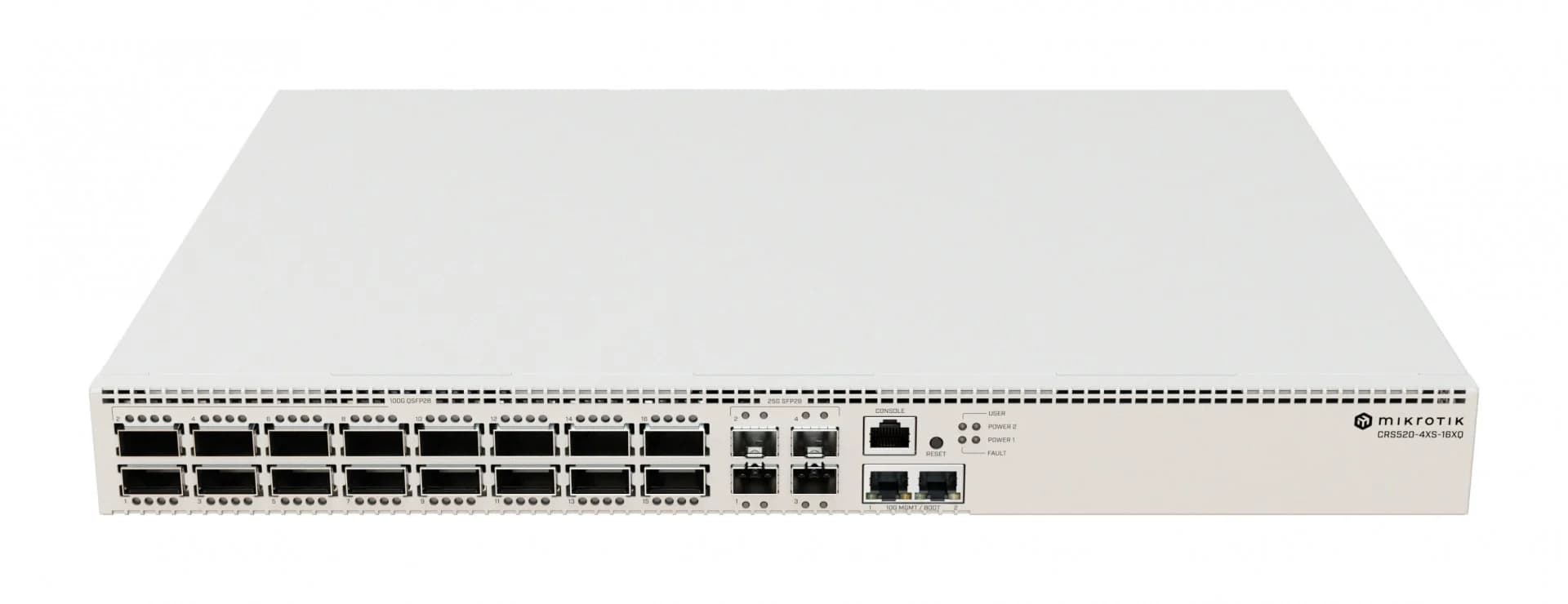 Коммутатор MikroTik CRS520-4XS-16XQ-RM, 16×100G QSFP28, 4×25G SFP28, 2×10G RJ45, CPU 2 ГГц, 4 ГБ RAM, RouterOS v7, IP20, 1U, 150 Вт