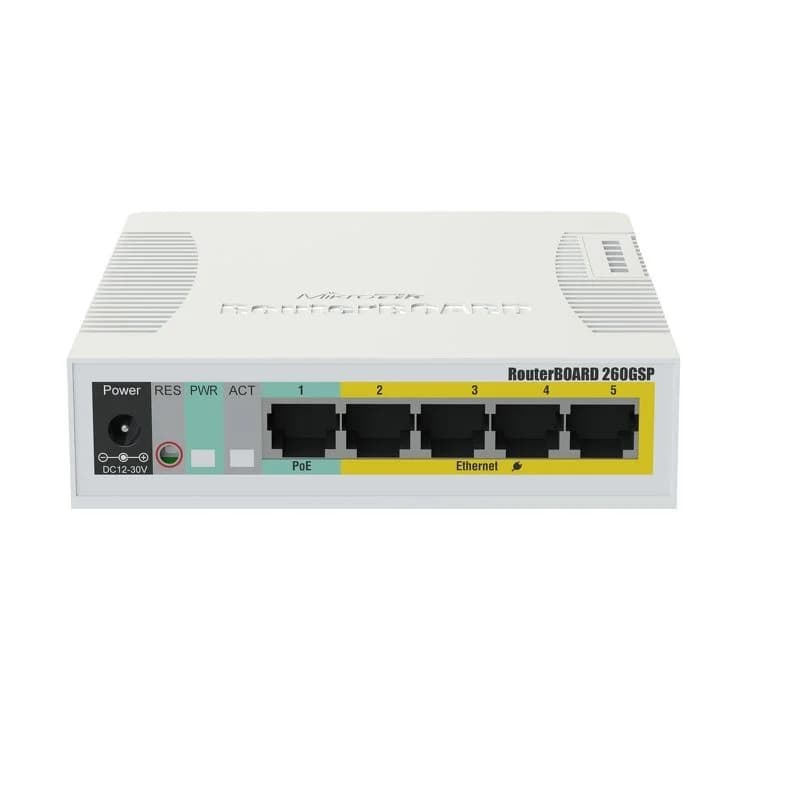 Коммутатор MikroTik CSS106-1G-4P-1S (RB260GSP), 5 портов Gigabit Ethernet с PoE-выходом на портах 2–5, 1 порт SFP, управляемый, операционная система SwOS