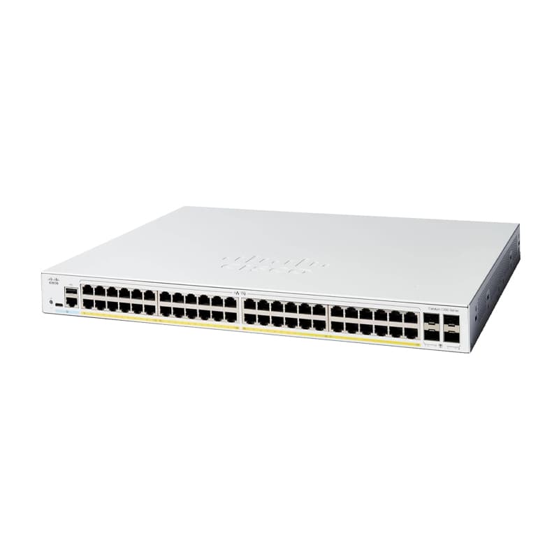 Коммутатор Cisco Catalyst C1300-48P-4G, 48×GE PoE+, 4×1G SFP, 370 Вт PoE, 104 Гбит/с, 77,38 Mpps, L2/L3, стек до 8 устройств, управление через Cisco Business Dashboard