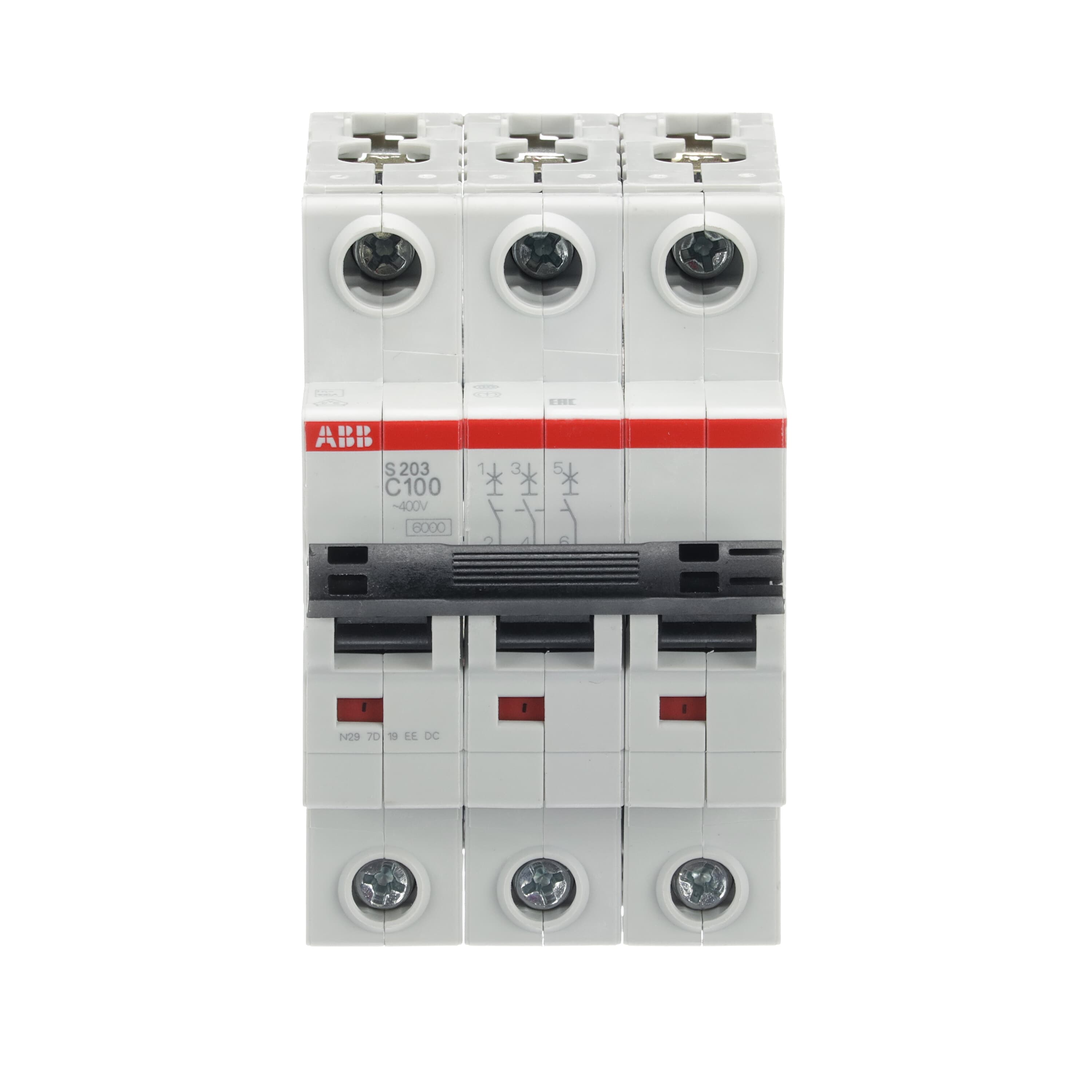 Автоматический выключатель ABB S203-C100 2CDS253001R0824, 100 А, 3 полюса, характеристика C, 400 В